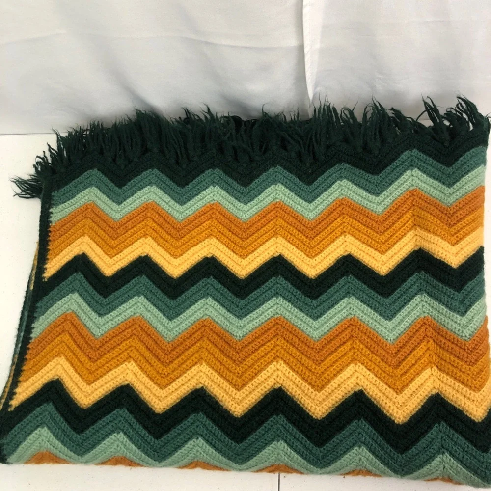 Chevron Patterned Afghan Fringe Blanket 70” x 50” Greens Golds